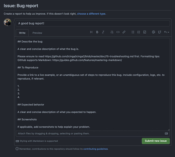 Image of an Icinga2 bug report template