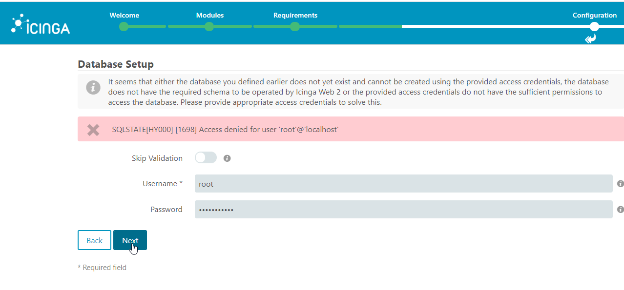 Icinga2web: Credentials to setup ADO-Mysql database - #5 by jpamba 